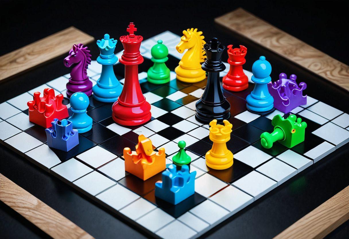 A visually striking chessboard intertwined with a Sudoku grid, featuring colorful numbers and strategic elements like chess pieces thoughtfully arranged. Include a brain illustration glowing in the center to symbolize mental challenge, with an inspirational quote about mastering puzzles elegantly displayed in a modern font. vibrant colors. 3D. digital art.