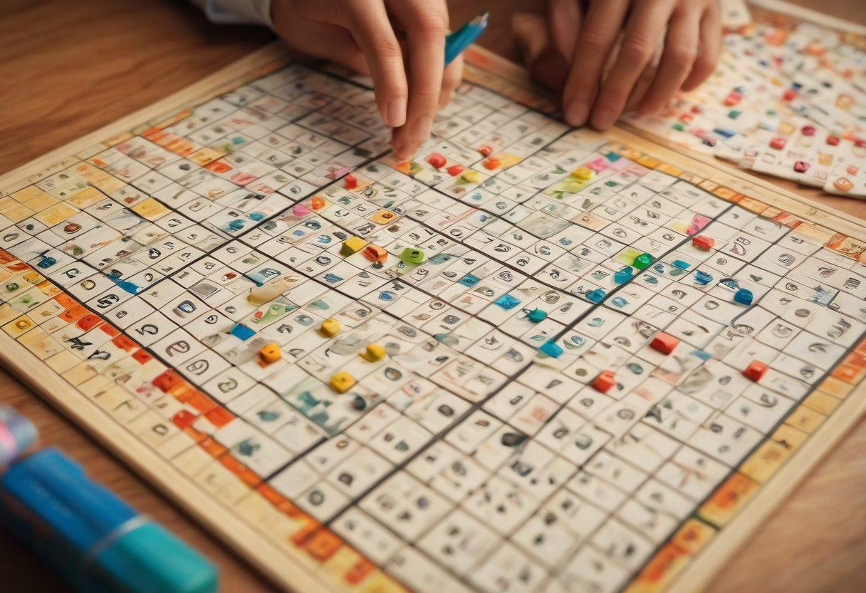 A vibrant and intricate montage of Sudoku puzzles in various difficulty levels, interspersed with symbols representing key strategies like logic and patterns. Incorporate a focused player solving a Sudoku with a pencil, surrounded by colorful notes and strategies floating around them. The background features a subtle grid pattern to emphasize the puzzle aspect. Include dynamic elements like glowing numbers highlighting solutions. super-realistic. vibrant colors. 3D.